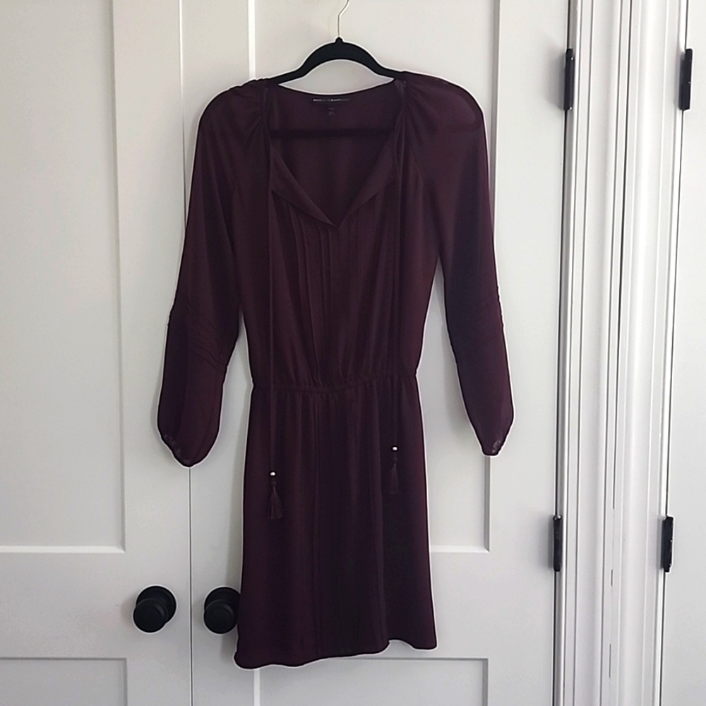 White House Black Market Burgundy Blouson Dress XXS Long Sleeve Cinched Waist